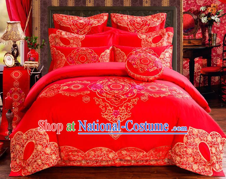 Traditional Chinese Style Marriage Bedding Set Embroidered Magpie Wedding Red Satin Drill Textile Bedding Sheet Quilt Cover Ten-piece Suit