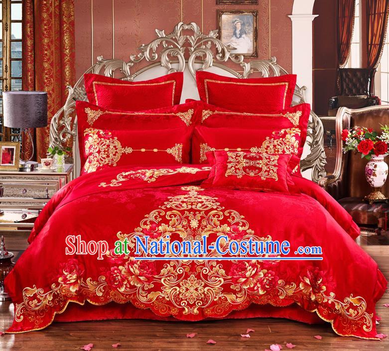 Traditional Chinese Style Marriage Bedding Set Embroidered Wedding Celebration Red Satin Drill Textile Bedding Sheet Quilt Cover Ten-piece Suit