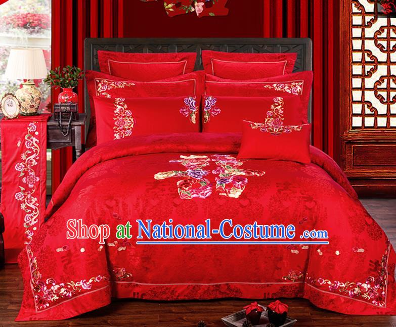 Traditional Chinese Style Marriage Bedding Set Embroidered Peony Wedding Celebration Red Satin Drill Textile Bedding Sheet Quilt Cover Ten-piece Suit