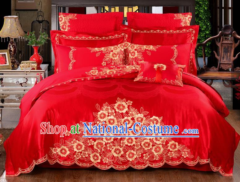 Traditional Chinese Style Marriage Bedding Set Embroidered Flowers Wedding Celebration Red Satin Drill Textile Bedding Sheet Quilt Cover Ten-piece Suit