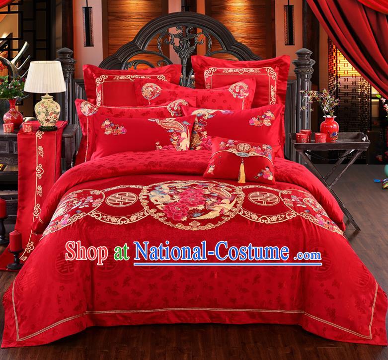 Traditional Chinese Style Marriage Bedding Set Embroidered Phoenix Peony Wedding Celebration Red Satin Drill Textile Bedding Sheet Quilt Cover Ten-piece Suit