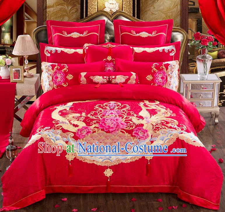 Traditional Chinese Style Marriage Bedding Set Embroidered Dragon Phoenix Peony Wedding Celebration Red Satin Drill Textile Bedding Sheet Quilt Cover Eleven-piece Suit