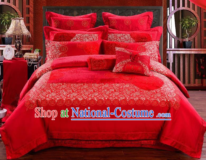 Traditional Chinese Style Marriage Bedding Set Embroidered Rose Wedding Celebration Red Satin Drill Textile Bedding Sheet Quilt Cover Eleven-piece Suit