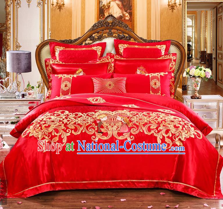 Traditional Chinese Style Marriage Bedding Set Embroidered Wedding Celebration Red Satin Drill Textile Bedding Sheet Quilt Cover Ten-piece Suit