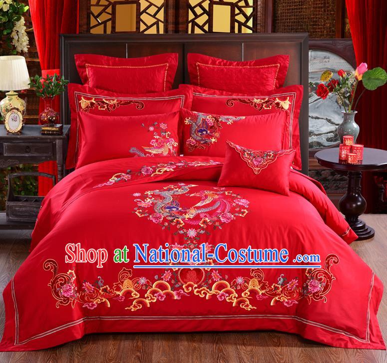 Traditional Chinese Style Marriage Bedding Set Embroidered Phoenix Peony Wedding Celebration Red Satin Drill Textile Bedding Sheet Quilt Cover Ten-piece Suit