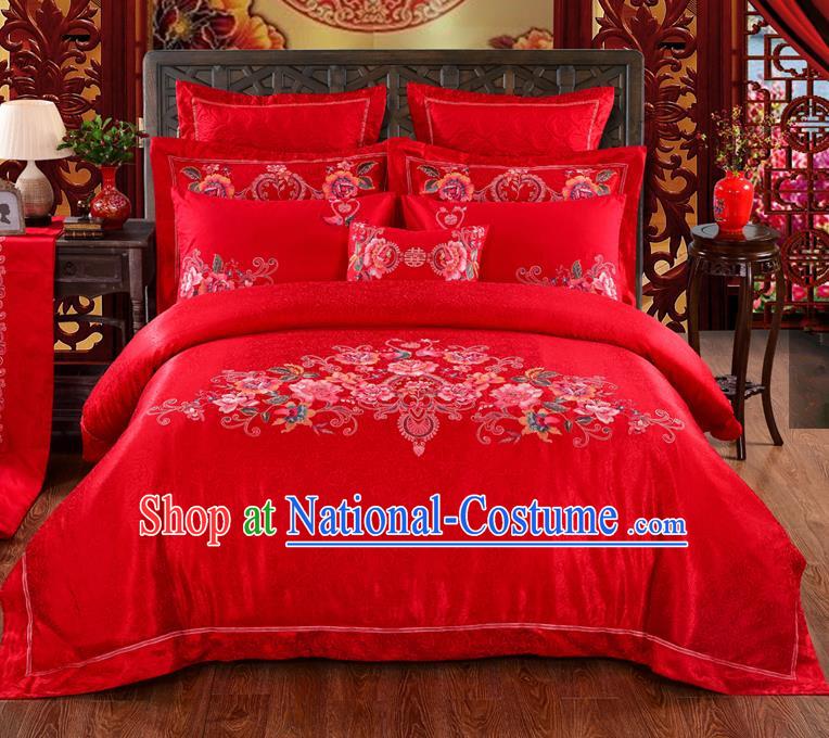 Traditional Chinese Style Marriage Bedding Set Embroidered Peony Wedding Celebration Red Satin Drill Textile Bedding Sheet Quilt Cover Ten-piece Suit