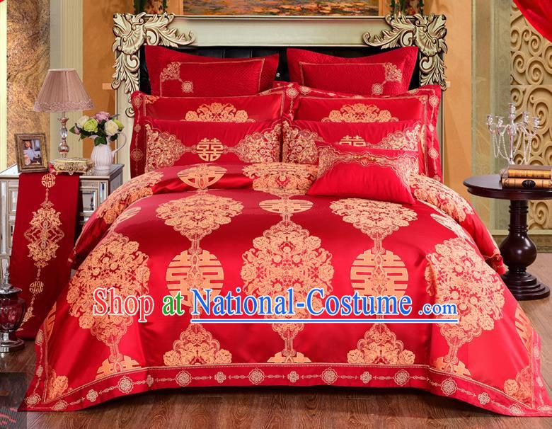 Traditional Chinese Style Marriage Bedding Set Wedding Celebration Red Satin Drill Textile Bedding Sheet Quilt Cover Ten-piece Suit