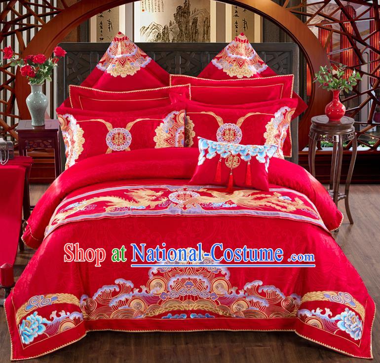 Traditional Chinese Style Marriage Embroidered Bedding Set Wedding Celebration Red Satin Drill Textile Bedding Sheet Quilt Cover Ten-piece Suit