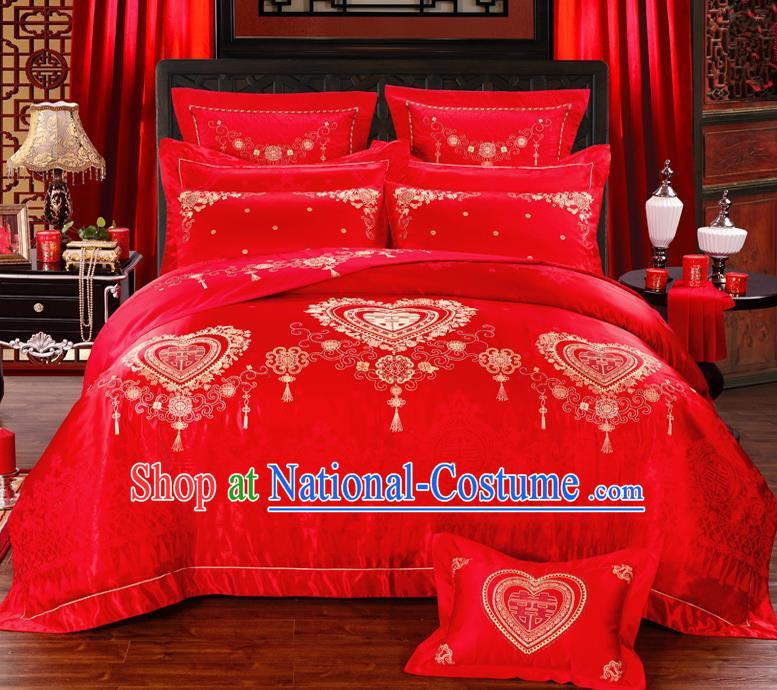 Traditional Chinese Style Marriage Printing Bedding Set Wedding Celebration Red Satin Drill Textile Bedding Sheet Quilt Cover Ten-piece Suit