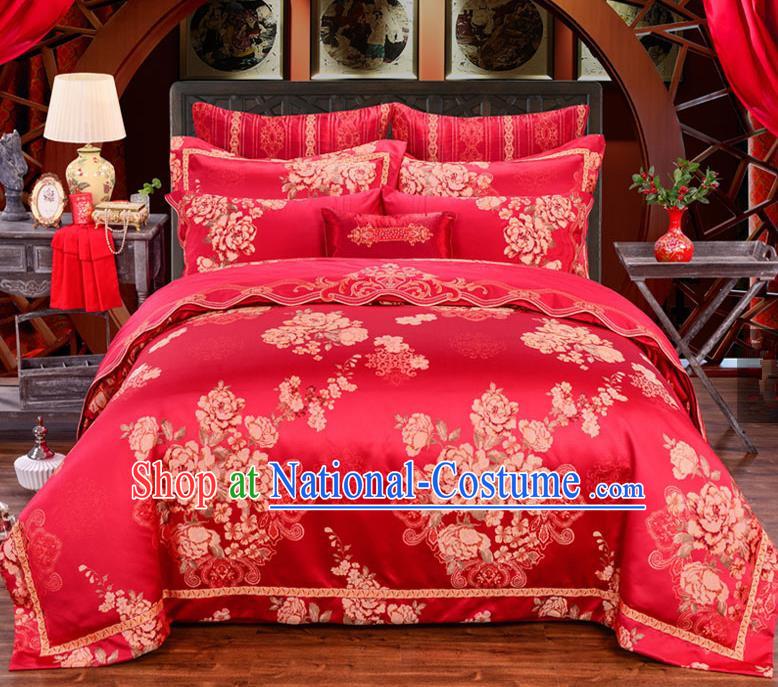 Traditional Chinese Style Marriage Printing Flowers Bedding Set Wedding Celebration Red Satin Drill Textile Bedding Sheet Quilt Cover Ten-piece Suit