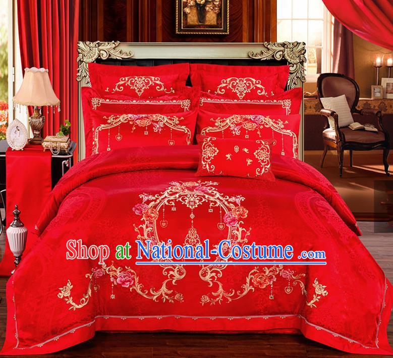 Traditional Chinese Style Marriage Printing Peony Bedding Set Wedding Celebration Red Satin Drill Textile Bedding Sheet Quilt Cover Ten-piece Suit