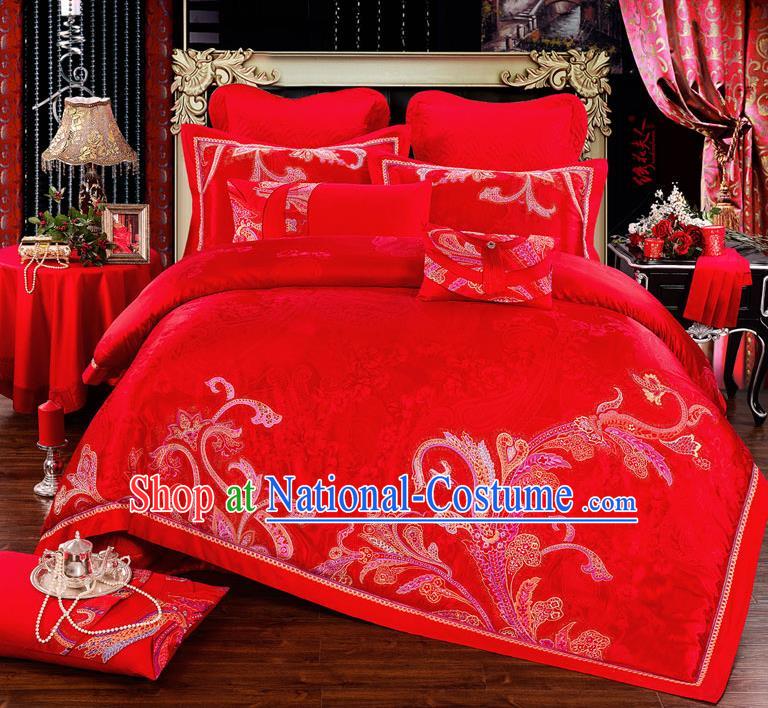 Traditional Chinese Style Marriage Printing Bedding Set Wedding Celebration Red Satin Drill Textile Bedding Sheet Quilt Cover Ten-piece Suit