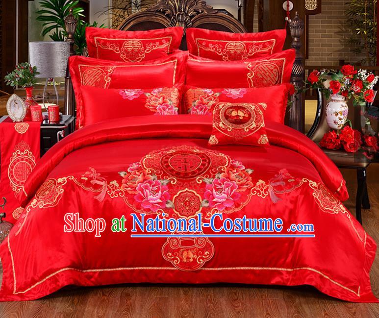 Traditional Chinese Style Marriage Embroidered Peony Bedding Set Wedding Celebration Red Satin Drill Textile Bedding Sheet Quilt Cover Ten-piece Suit