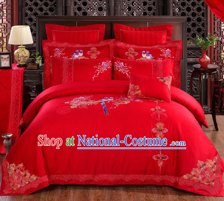 Traditional Chinese Style Marriage Embroidered Magpie Bedding Set Wedding Celebration Red Satin Drill Textile Bedding Sheet Quilt Cover Ten-piece Suit