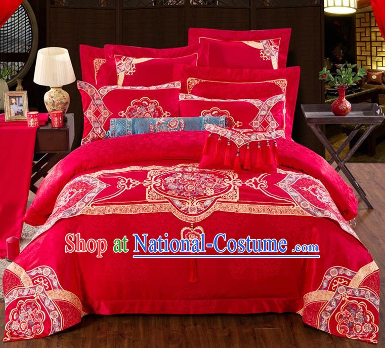 Traditional Chinese Style Marriage Embroidered Bedding Set Wedding Celebration Red Satin Drill Textile Bedding Sheet Quilt Cover Eleven-piece Suit