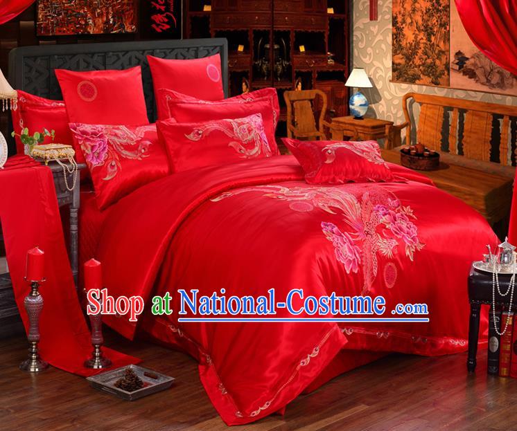 Traditional Chinese Style Wedding Bedding Article Embroidery Dragon and Phoenix Sheet and Duvet Cover Red Textile Bedding Suit