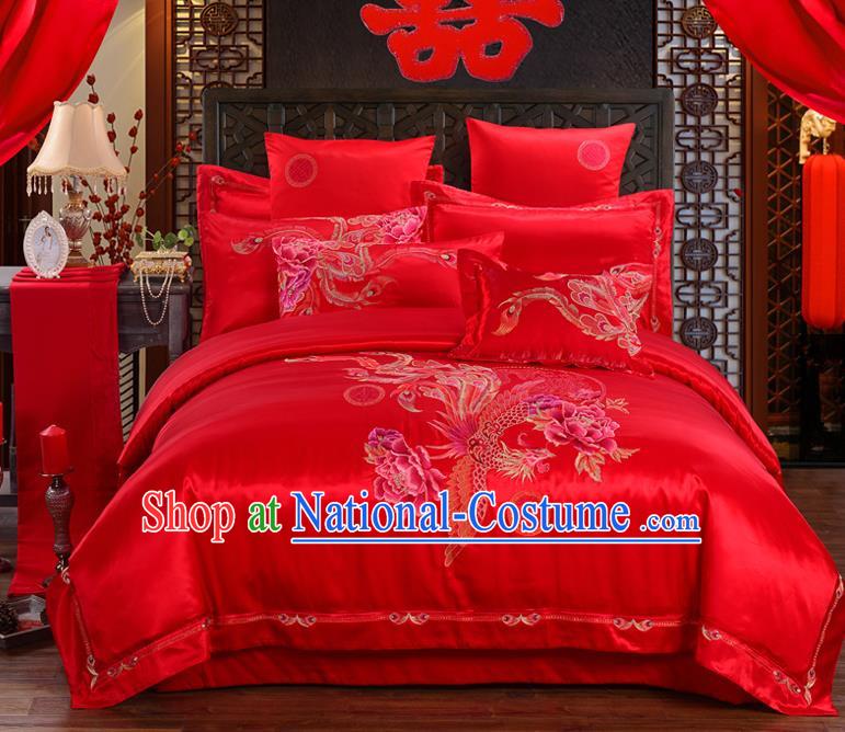 Traditional Chinese Style Marriage Embroidered Dragon and Phoenix Bedding Set Wedding Celebration Red Satin Drill Textile Bedding Sheet Quilt Cover Ten-piece Suit