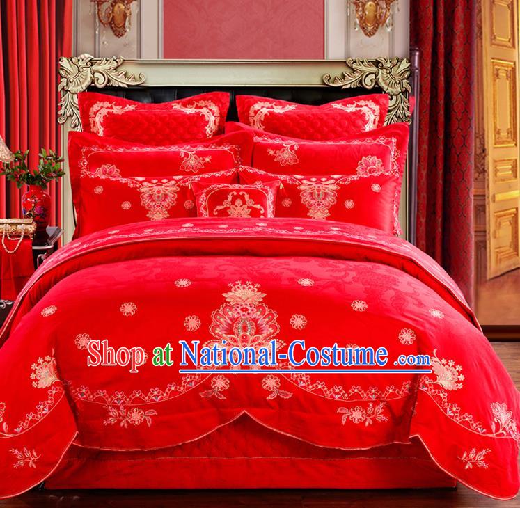 Traditional Chinese Style Marriage Embroidered Bedding Set Wedding Celebration Red Satin Drill Textile Bedding Sheet Quilt Cover Ten-piece Suit