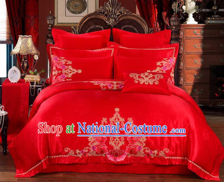 Traditional Chinese Style Marriage Embroidered Flowers Bedding Set Wedding Celebration Red Satin Drill Textile Bedding Sheet Quilt Cover Ten-piece Suit