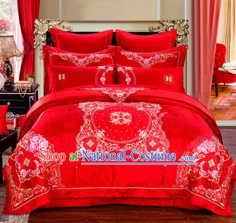 Traditional Chinese Style Marriage Embroidered Peony Bedding Set Wedding Celebration Red Satin Drill Textile Bedding Sheet Quilt Cover Ten-piece Suit