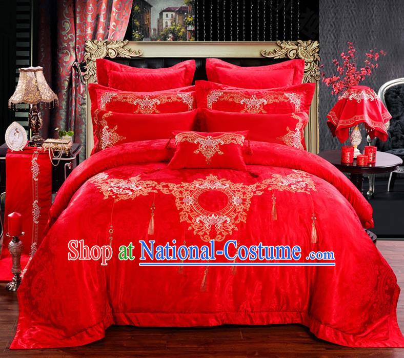 Traditional Chinese Style Marriage Embroidered Bedding Set Wedding Celebration Red Satin Drill Textile Bedding Sheet Quilt Cover Ten-piece Suit