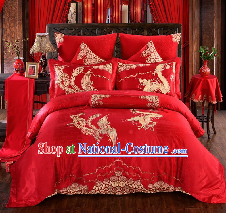 Traditional Chinese Style Marriage Embroidered Dragon and Phoenix Bedding Set Wedding Celebration Red Satin Drill Textile Bedding Sheet Quilt Cover Ten-piece Suit