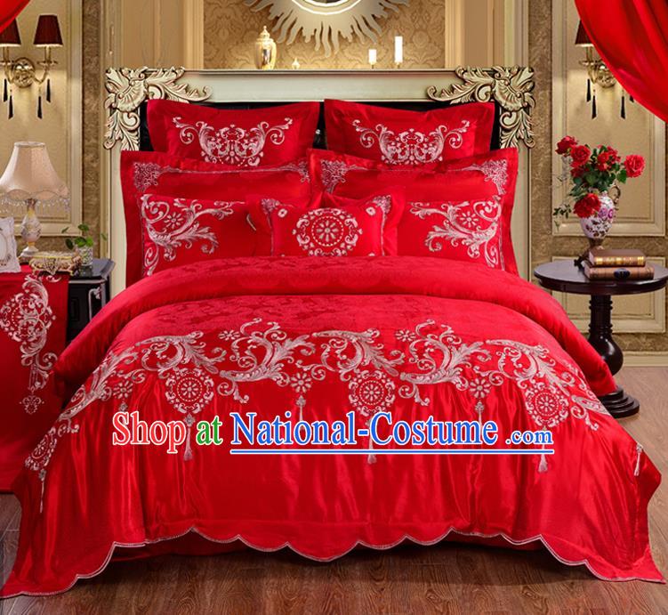 Traditional Chinese Style Marriage Embroidered Bedclothes Set Wedding Celebration Red Satin Drill Textile Bedding Sheet Quilt Cover Ten-piece Suit