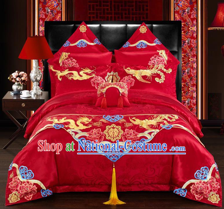 Traditional Chinese Style Marriage Embroidered Dragon and Phoenix Bedclothes Set Wedding Celebration Red Satin Drill Textile Bedding Sheet Quilt Cover Ten-piece Suit