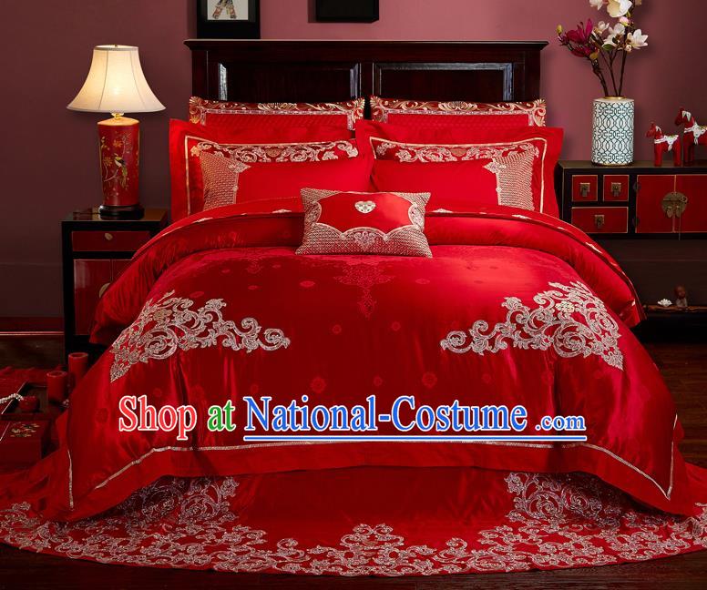 Traditional Chinese Style Marriage Embroidered Phoenix Bedclothes Set Wedding Celebration Red Satin Drill Textile Bedding Sheet Quilt Cover Ten-piece Suit