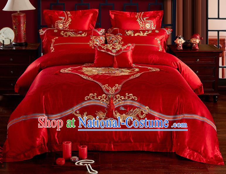 Traditional Chinese Style Marriage Embroidered Twin Bliss Bedclothes Set Wedding Celebration Red Satin Drill Textile Bedding Sheet Quilt Cover Ten-piece Suit