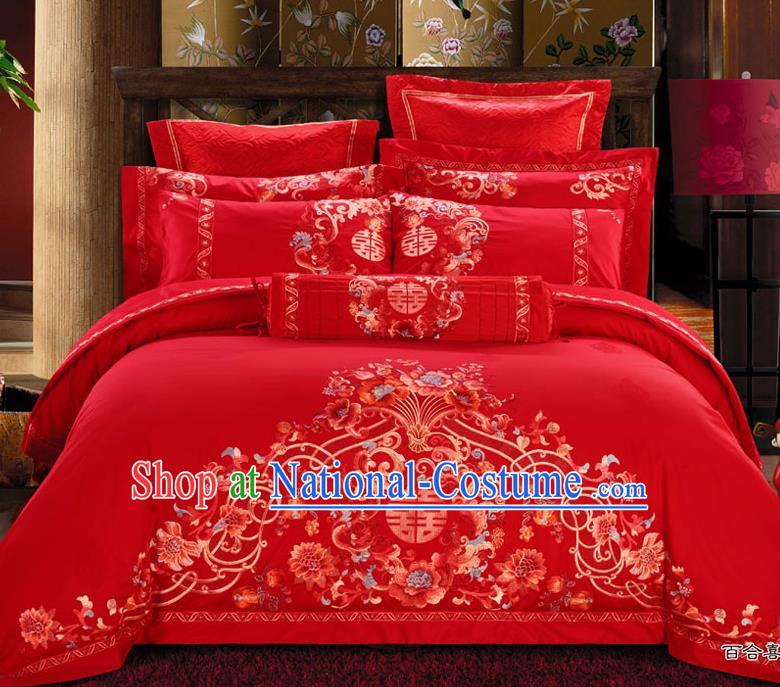 Traditional Chinese Style Marriage Embroidered Peony Bedclothes Set Wedding Celebration Red Satin Drill Textile Bedding Sheet Quilt Cover Ten-piece Suit