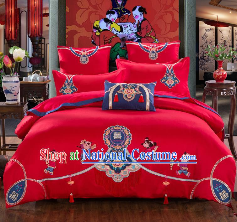 Traditional Chinese Style Wedding Bedding Set, China National Marriage Printing Children Red Textile Bedding Sheet Quilt Cover Seven-piece suit