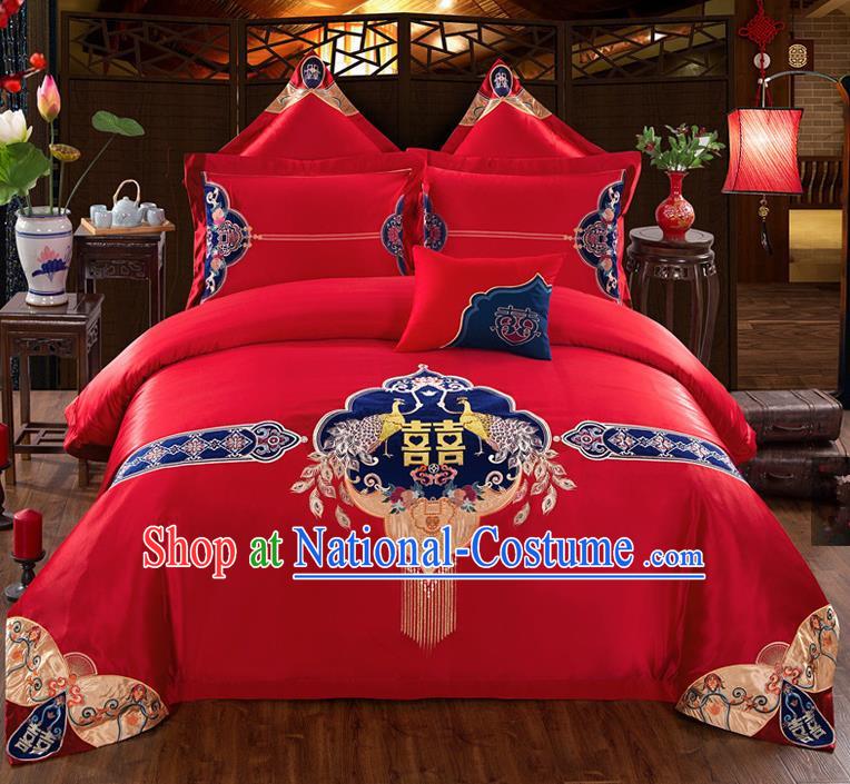 Traditional Chinese Style Wedding Bedding Set, China National Marriage Printing Peacock Red Textile Bedding Sheet Quilt Cover Seven-piece suit