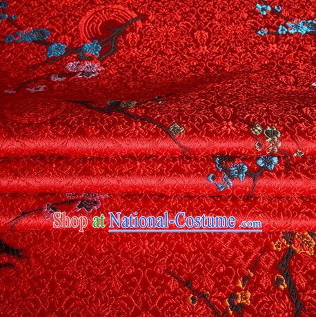 Chinese Royal Palace Traditional Costume Pattern Design Wintersweet Red Satin Brocade Fabric, Chinese Ancient Clothing Drapery Hanfu Cheongsam Material