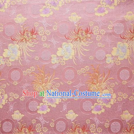 Chinese Royal Palace Traditional Costume Chrysanthemum Pattern Pink Satin Brocade Fabric, Chinese Ancient Clothing Drapery Hanfu Cheongsam Material