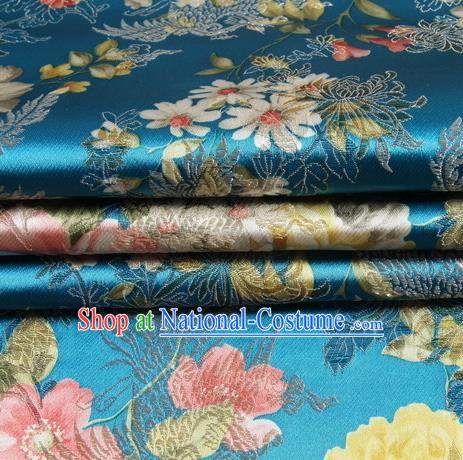 Chinese Royal Palace Traditional Costume Peony Pattern Blue Satin Brocade Fabric, Chinese Ancient Clothing Drapery Hanfu Cheongsam Material