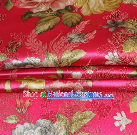 Chinese Royal Palace Traditional Costume Peony Pattern Rosy Satin Brocade Fabric, Chinese Ancient Clothing Drapery Hanfu Cheongsam Material