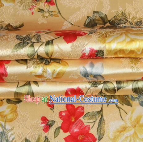 Chinese Royal Palace Traditional Costume Peony Pattern Yellow Satin Brocade Fabric, Chinese Ancient Clothing Drapery Hanfu Cheongsam Material