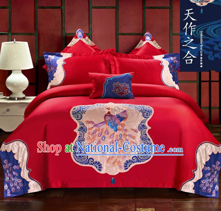 Traditional Chinese Style Wedding Bedding Set, China National Marriage Printing Peacocks Red Textile Bedding Sheet Quilt Cover Seven-piece suit