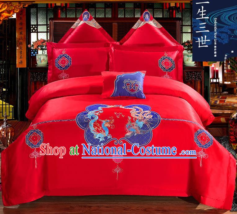 Traditional Chinese Style Wedding Bedding Set, China National Marriage Printing Dragon and Phoenix Red Textile Bedding Sheet Quilt Cover Seven-piece suit