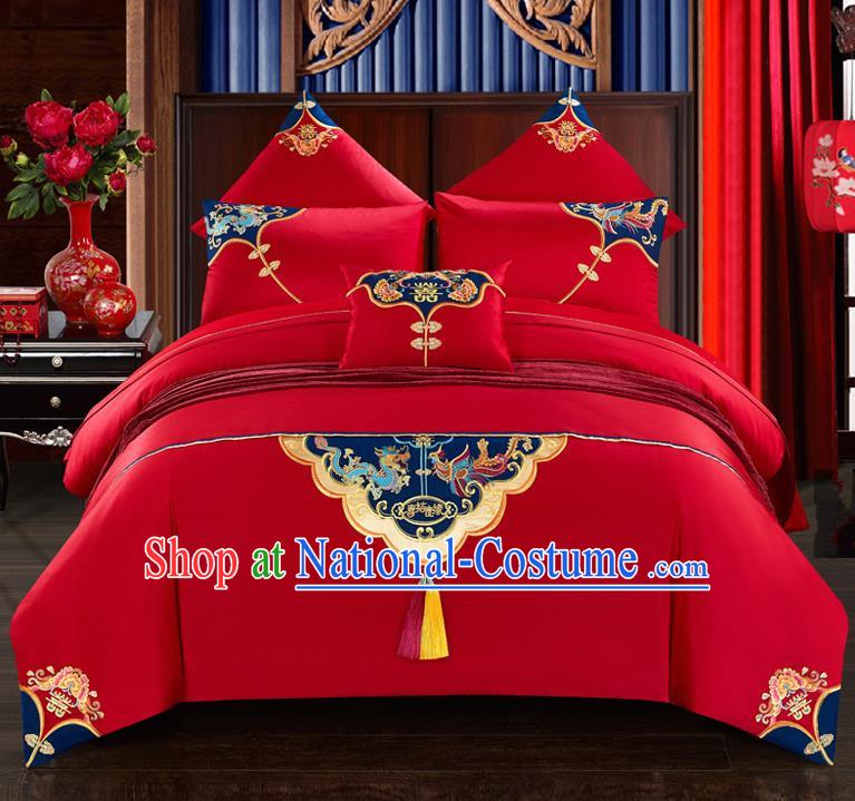 Traditional Chinese Style Wedding Bedding Set, China National Marriage Printing Twin Bliss Red Textile Bedding Sheet Quilt Cover Seven-piece suit