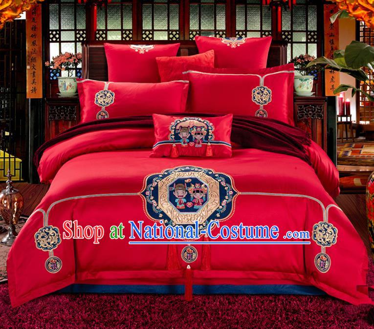 Traditional Chinese Style Wedding Bedding Set, China National Marriage Printing Peking Opera Red Textile Bedding Sheet Quilt Cover Seven-piece suit