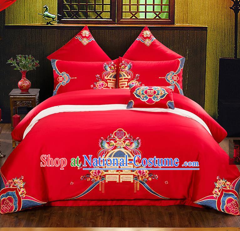 Traditional Chinese Style Wedding Bedding Set, China National Marriage Printing Phoenix Peony Red Textile Bedding Sheet Quilt Cover Seven-piece suit