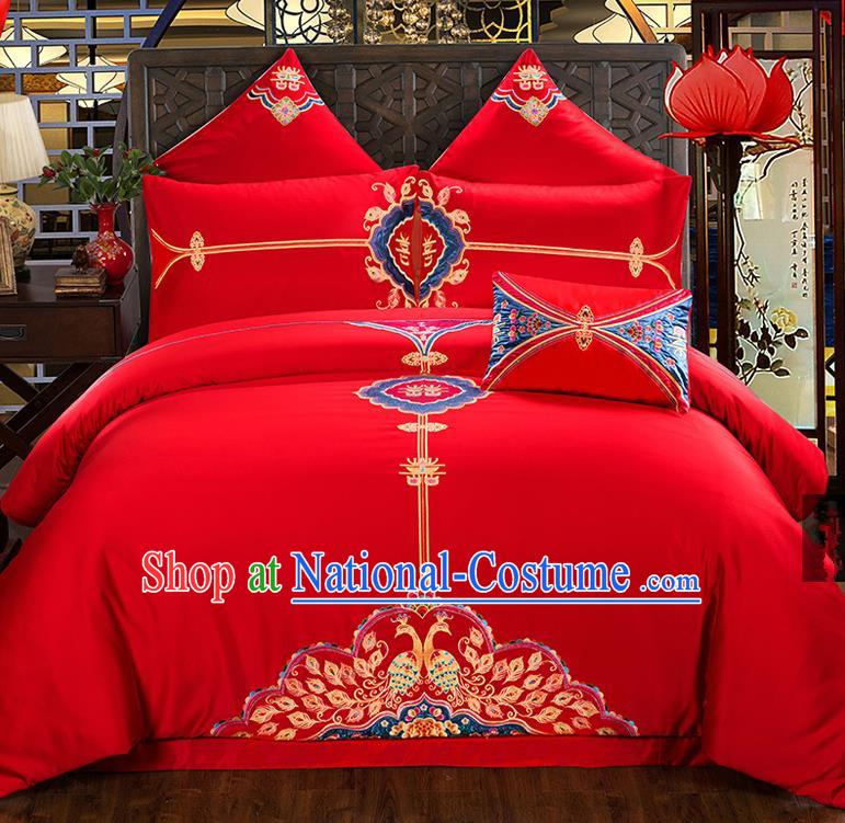 Traditional Chinese Style Wedding Bedding Set, China National Marriage Printing Peony Red Textile Bedding Sheet Quilt Cover Seven-piece suit