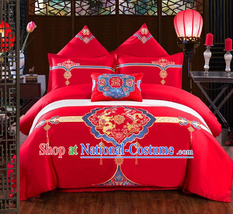 Traditional Chinese Style Wedding Bedding Set, China National Marriage Printing Red Textile Bedding Sheet Quilt Cover Seven-piece suit