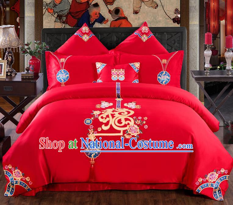 Traditional Chinese Style Wedding Bedding Set, China National Marriage Printing Fu Character Red Textile Bedding Sheet Quilt Cover Seven-piece suit