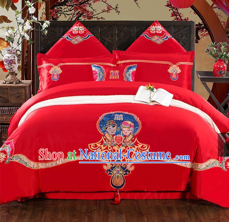 Traditional Chinese Style Marriage Bedding Set, China National Printing Wedding Red Textile Bedding Sheet Quilt Cover Seven-piece suit