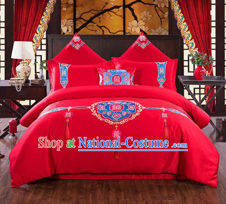 Traditional Chinese Style Marriage Bedding Set, China National Printing Wedding Red Textile Bedding Sheet Quilt Cover Seven-piece suit