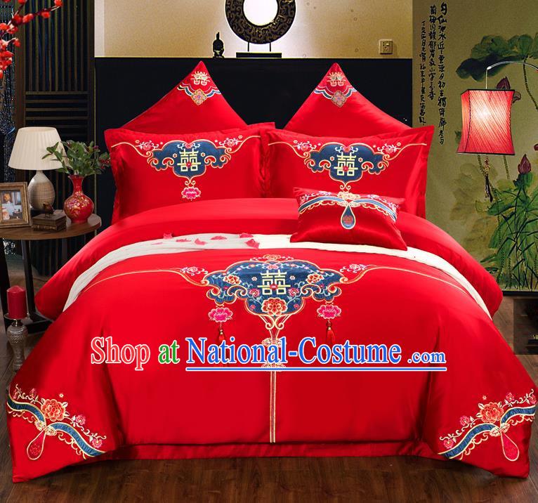 Traditional Chinese Style Marriage Bedding Set, China National Printing Wedding Red Textile Bedding Sheet Quilt Cover Seven-piece suit