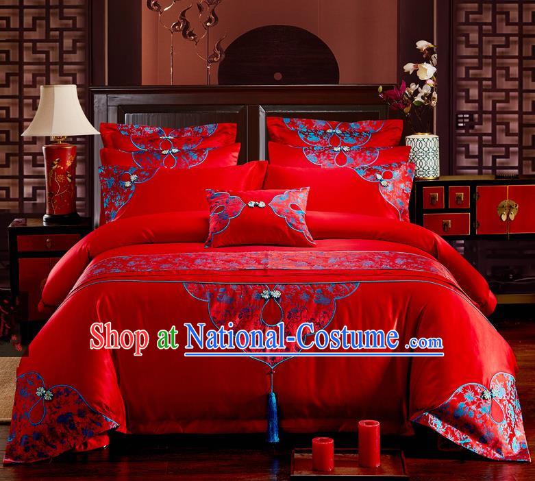 Traditional Chinese Style Marriage Bedding Set, China National Printing Wedding Red Textile Bedding Sheet Quilt Cover Seven-piece suit